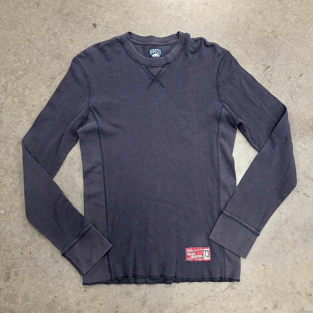 Vtg Roots Athletics 73 Mens L Waffle Knit Thermal Long Sleeve Shirt Navy Blue